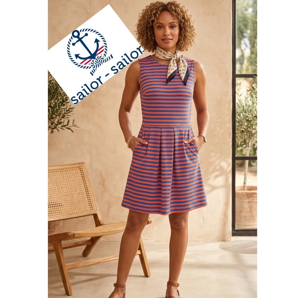 Sailor-Sailor Orange Blue Striped Sleeveless Pleated Pocket Dress Sz M Made USA